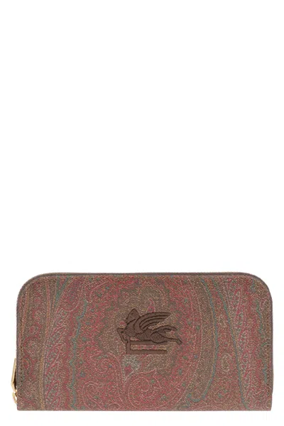 ETRO BURGUNDY PAISLEY MOTIF COATED CANVAS WALLET FOR WOMEN
