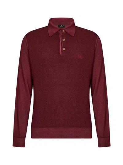 Etro Burgundy Two-tone Wool Knit Logo-embroidered Polo Shirt