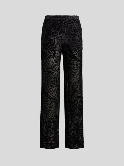 ETRO , BURNOUT VELVET PALAZZO TROUSERS WITH FLORAL PAISLEY MOTIF, WOMAN, BLACK, SIZE 46
