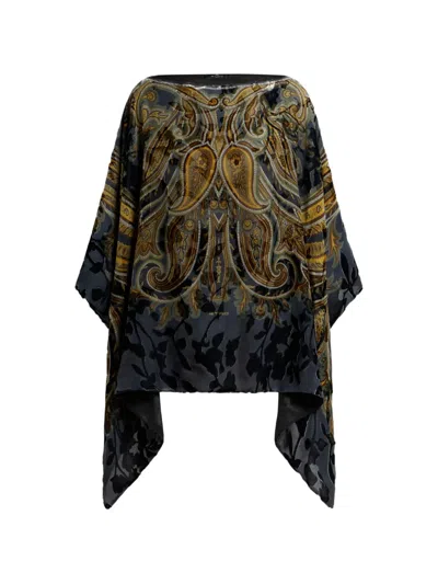 Etro Burnout Velvet Poncho Top With Placed Paisley Print In Multi