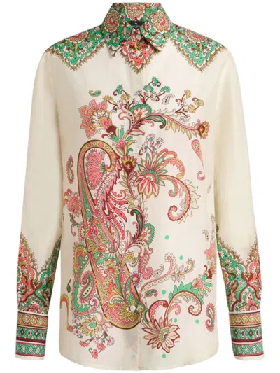 Etro Button-down White Shirt With Floral Embroidery In Multi