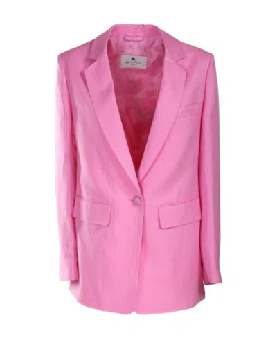 Etro Button-fastening Linen-silk Blazer In Pink