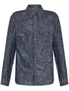 Etro Button-up Denim Overshirt With Paisley Pattern In Blue