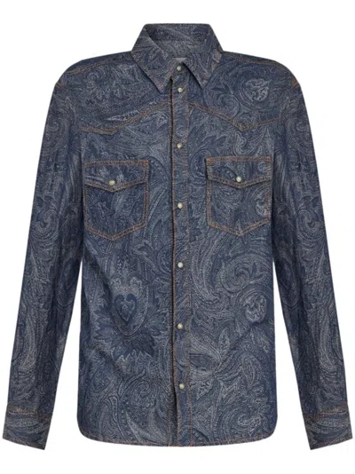 Etro Button-up Denim Overshirt With Paisley Pattern In Blue