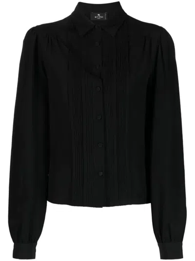 Etro Button-up Silk Blouse With Pleated Front In Black