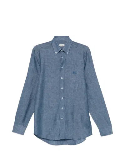 Etro Light Blue Linen Shirt With Pegaso Embroidery