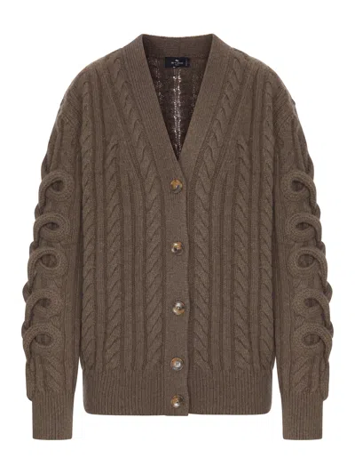 Etro Cable Knit Cardigan With Curly Sleeves In Multicolour
