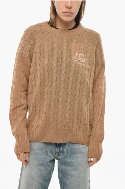 Etro Cable Knit Cashmere Crew Neck Sweater In Gold