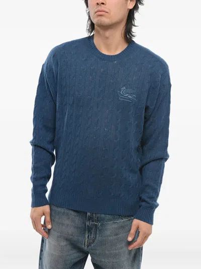 Etro Cable-knit Embroidered Sweater In Blue