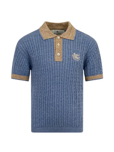 Etro Kids' Cable-knit Pegasus Polo Shirt In Blue