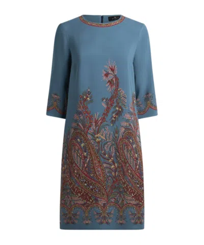 Etro Cady Tunic Dress With Placed Print In Blue