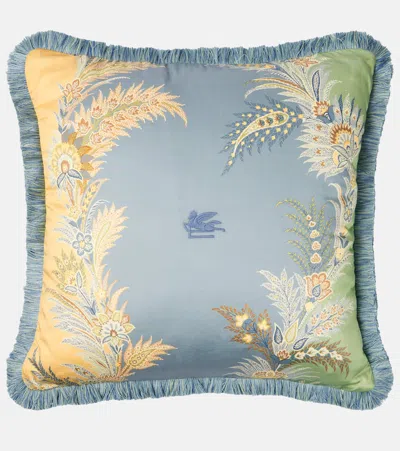 Etro Caladium Embroidered Cotton Cushion In Blue