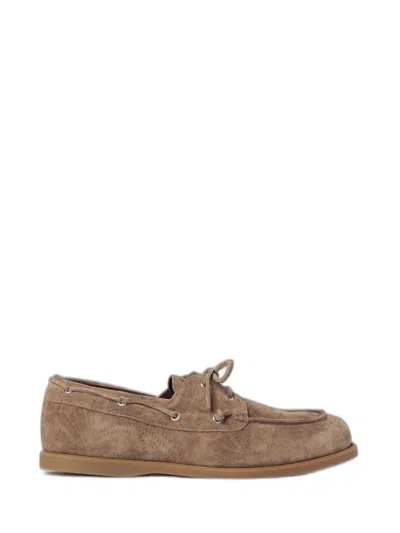 Etro Calfskin Printed Suede Boat Shoes In Brown