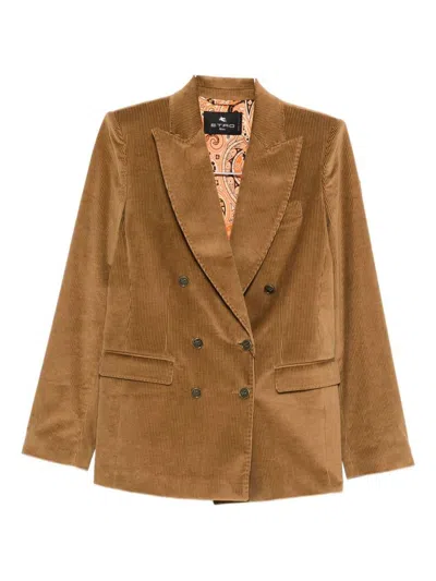 Etro Camel-colored Ribbed Double-breasted Blazer In Brown