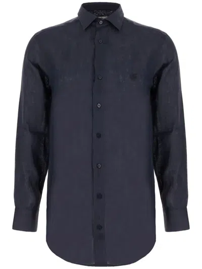 Etro Linen Shirt With Embroidered Pegasus In Blue
