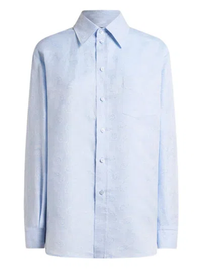 Etro Light Blue Shirt In Linen And Cotton With Print