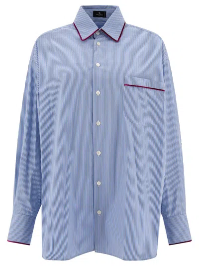 Etro Camicia In Popeline A Righe Shirts In Blue