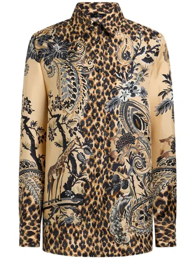 Etro Camicia In Seta Con Stampa Leopardata Piazzata In Brown