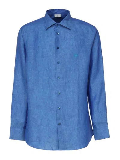 Etro Linen Shirt With Logo In Blue