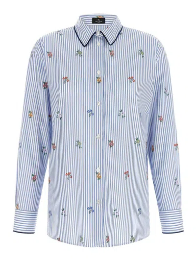 Etro Striped Floral-embroidered Cotton Blouse In Blue
