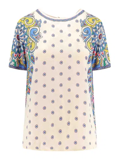 Etro Multi-coloured Floral Print Top With Back Button Fastening In White