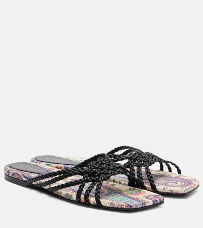 Etro Canvas-trimmed Printed Leather Slides In Black