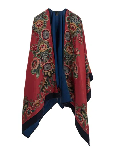 ETRO RED CAPE WITH ALL-OVER FLORAL MOTIF IN WOOL BLEND WOMAN