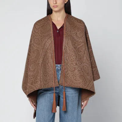Etro Leather-trimmed Paisley-print Wool-blend Poncho In Brown