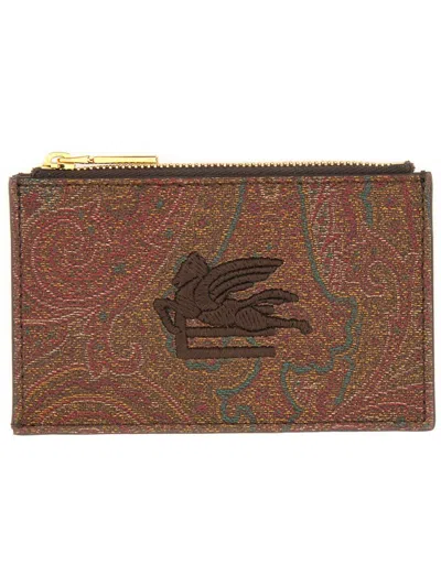Etro Card Holder "arnica" With Pegasus In Brown