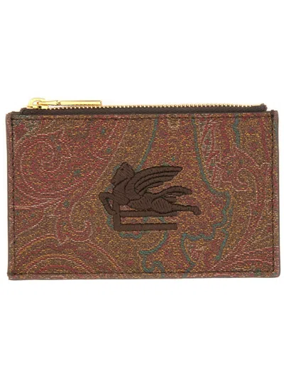 Etro Card Holder "arnica" With Pegasus In Brown