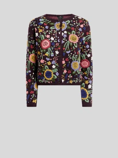 Etro , Cardigan Aus Wolle Mit Floraler Stickerei, Damen, Violett, Grösse 40