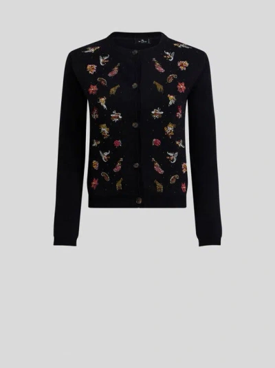 Etro , Cardigan Aus Wolle Und Kaschmir Mit Stickerei Und Perlen, Damen, Schwarz, Grösse 38