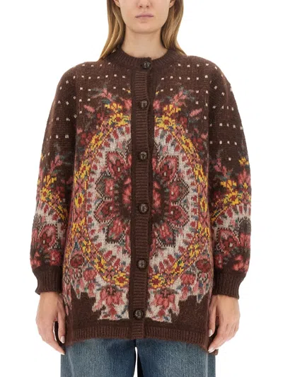 Etro Cardigan With Logo In Brown