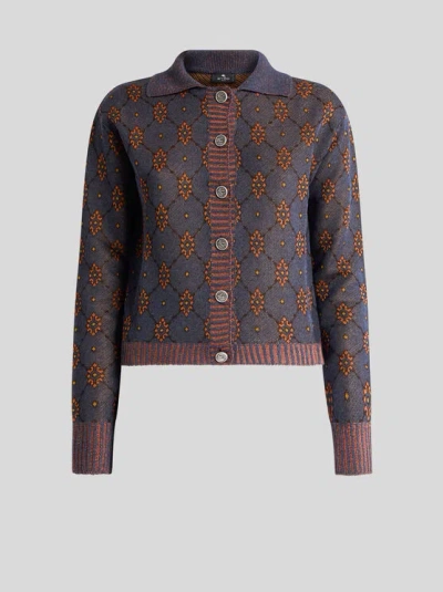 Etro , Cardigan With Tie-style Motif, Woman, Blue, Size 50 In Brown