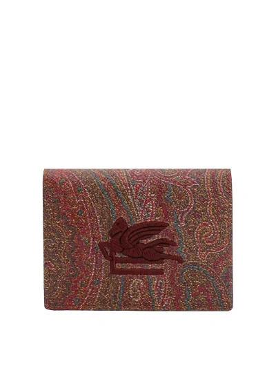 Etro Paisley Fabric Wallet Embroidered Pegaso Logo In Brown