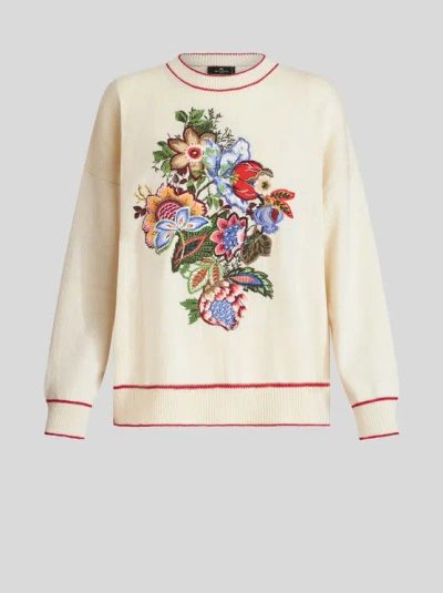 Etro Floral-embroidered Cashmere Blend Jumper In White
