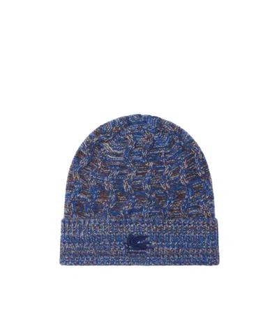 Etro Cashmere Beanie With Cable Detail And Pegaso Embroidery In Blue
