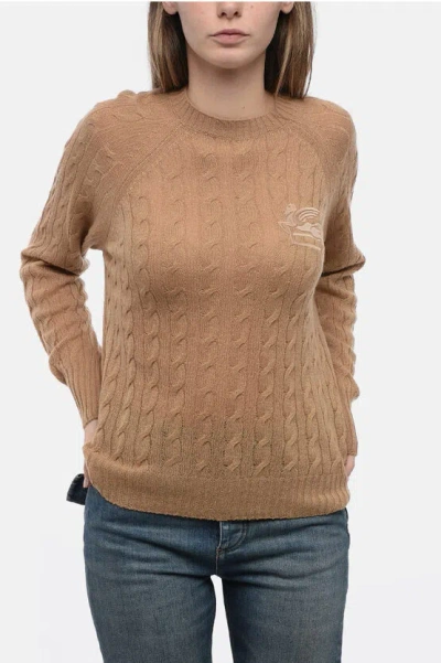 Etro Cashmere Braids Sweater With Embroidered Logo In Camel