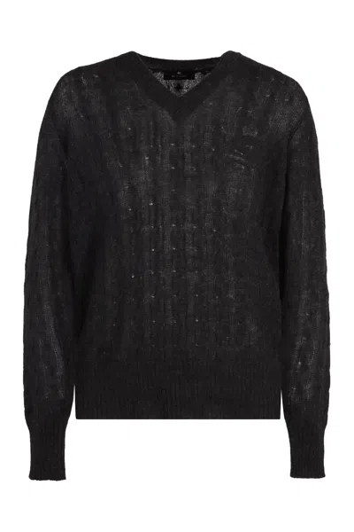 Etro Logo-embroidered V-neck Cashmere Sweater In Black