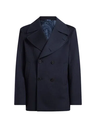 Etro Cashmere Cloth Pea Coat In Blue
