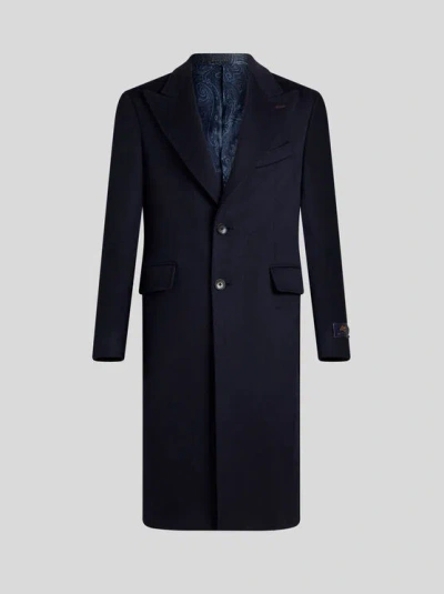 Etro Roma Cashmere Peak Lapel Coat In Dark Blue