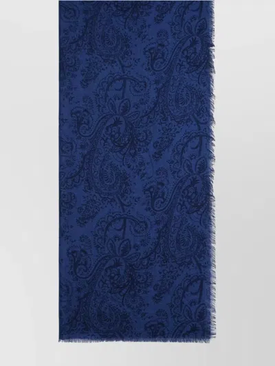 Etro Cashmere Silk Scarf Fringed Edges Paisley Pattern In Blue