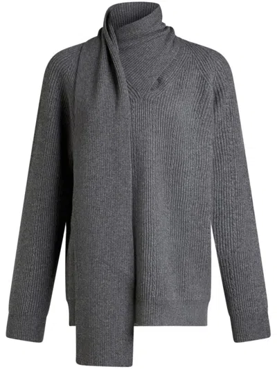 Etro Scarf Applique Knit Sweater In Grey