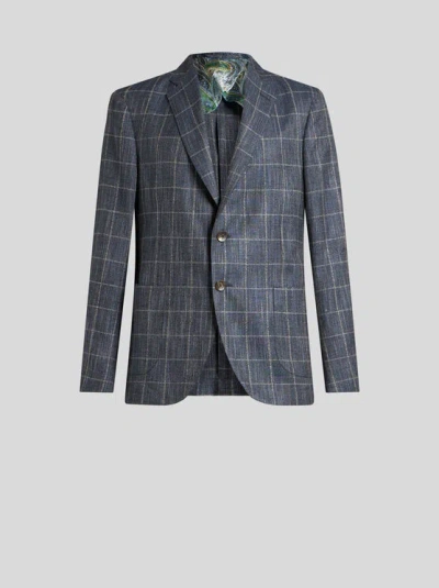 Etro Single-breasted Checked Jacket In Gray
