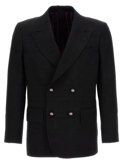 Etro Checkered Double-breasted Blazer Structured Shoulders In Black
