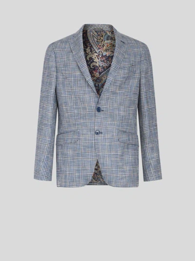 Etro Check Linen- And Cotton-blend Blazer In Light Blue