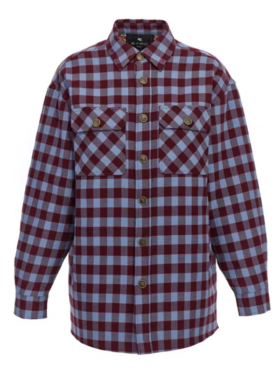 ETRO RED AND LIGHT BLUE OVERSHIRT WITH CHECK MOTIF IN COTTON WOMAN