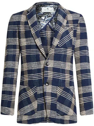 Etro Check-pattern Knit Blazer In Blue