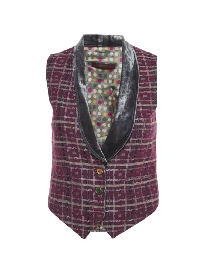 Pre-owned Etro Check Tweed Velvet Collar Vest In Red