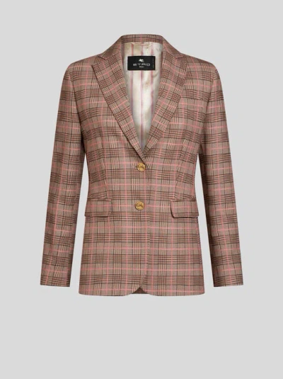 Etro Checkered Logo-engraved Buttons Jacket In Pink